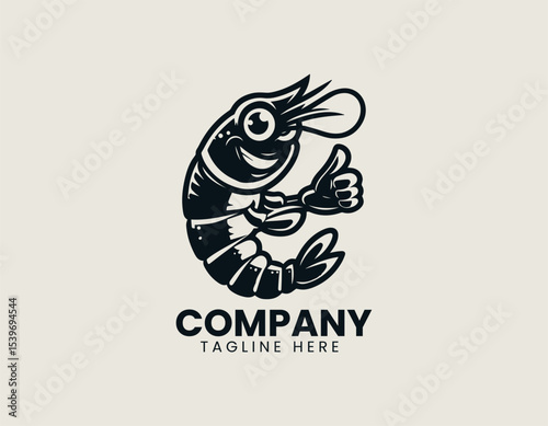A cheerful black shrimp mascot character with friendly smile and bold outlines designed as vector logo illustration
