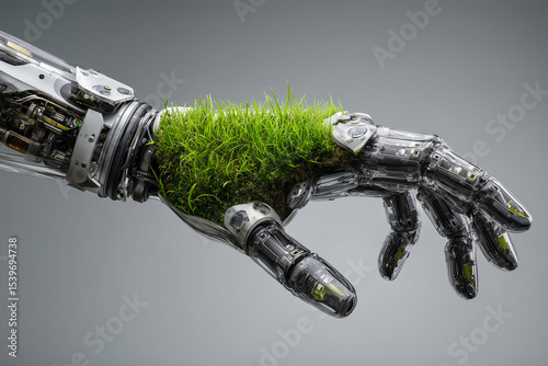 Eco-technology concept. grass pattern growing over semi transparent robotic arm. Technology and sustainability concept