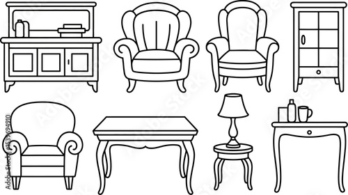 Line art illustration of a collection of furniture pieces including chairs tables and cabinets