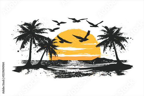 tropical island with palm trees and sun