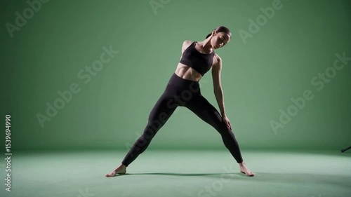 Young Woman in Yoga Pose Against Green Background for Fitness and Wellness Conceptual Imagery