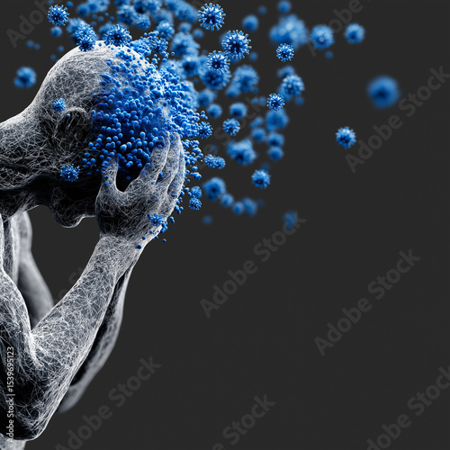 Close-up of the head and arms, with many blue visible coronavirus particles floating in front of it. The figure is screaming or crying while holding its stomach on an isolated dark