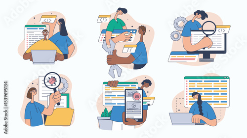 Software testing concept set for web design. Collection with people programming, testing code, searching errors, fixing bugs, reporting, more. Flat vector illustration isolated on white background.