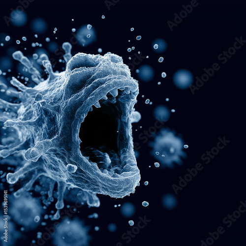 A blue and white digital illustration of the cold monster virus screaming with its mouth wide open, surrounded by other tiny particles of different sizes. The background is dark blue.