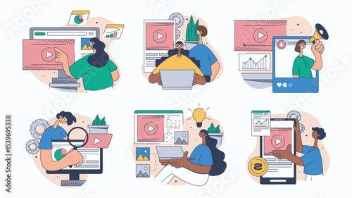 Video marketing concept set for web design. Collection with people creating content, making advertising campaigns, promoting in blogs, more. Flat vector illustration isolated on white background.