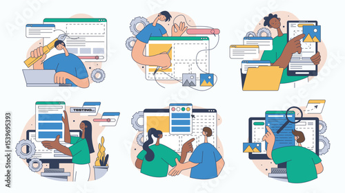 Website design concept set for web design. Collection with people building responsive wireframe site layout, create application pages, more. Flat vector illustration isolated on white background.