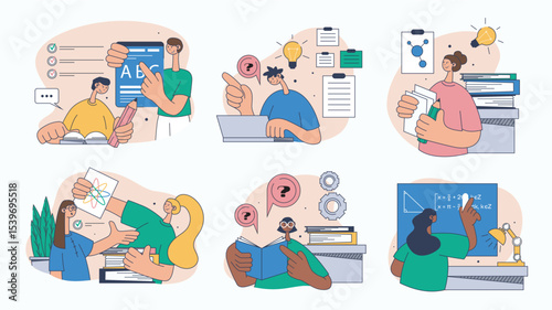 School learning concept set for web design. Collection with people doing homework, studying in classroom, training at lessons and seminars, more. Flat vector illustration isolated on white background.