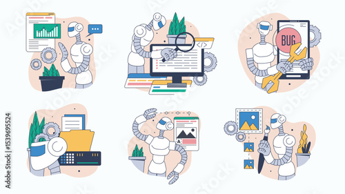 Artificial intelligence concept set for web design. Collection with people assistant analyzing data, search information, generates images, more. Flat vector illustration isolated on white background.