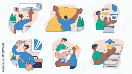 Home repair workers concept set for web design. Collection with people fixing conditioner, painting wall, wallpapering, light bulb replace, more. Flat vector illustration isolated on white background.