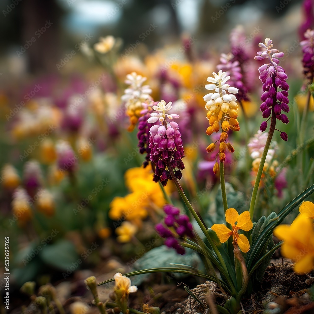 Obraz premium Vibrant Purple Yellow White Wildflowers in Full Bloom Close Up