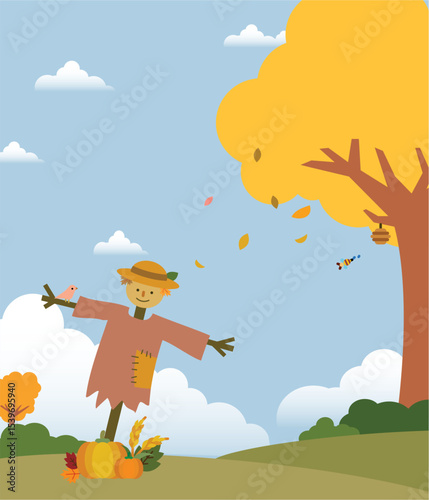 Autumn background with scarecrow and leaves