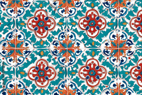 Talavera-inspired seamless pattern, hand-painted tile design in turquoise, deep orange, red, white, elegant and ornamental