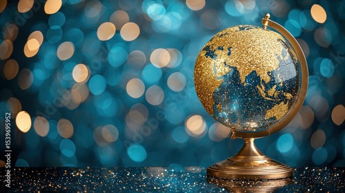 Shiny golden globe against blurred teal & gold background