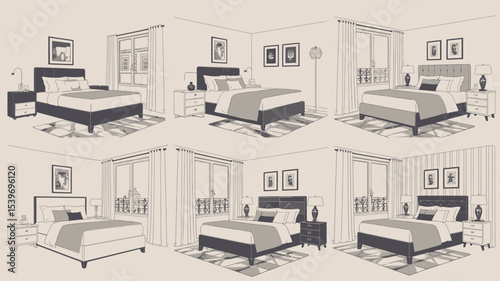 Illustration showing six bedroom interiors with beds, windows, and bedside tables in a grid pattern