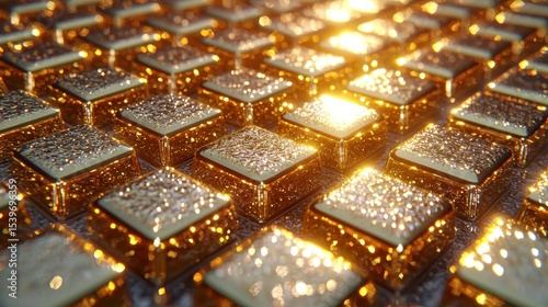 Shiny, textured gold squares form a grid, catching the light