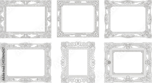 Collection of six ornate decorative frames with floral and scroll designs in black and white outline style