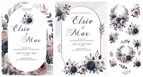 Elegant wedding invitation designs with watercolor floral borders in purple, pink, and white. Both feature an oval frame for text, surrounded by blooming flowers and delicate foliage, creating a roman