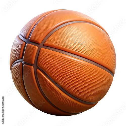 A 3D basketball with realistic rubber texture and stitching on a transparent background