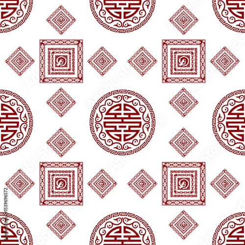 Elegant Chinese Golden Mandala and Cloud Pattern on Red Background, Traditional Asian Seamless Design