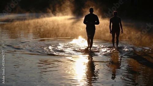 Tranquil Sunset Reflection with Silhouettes of Two People in the Calm Water