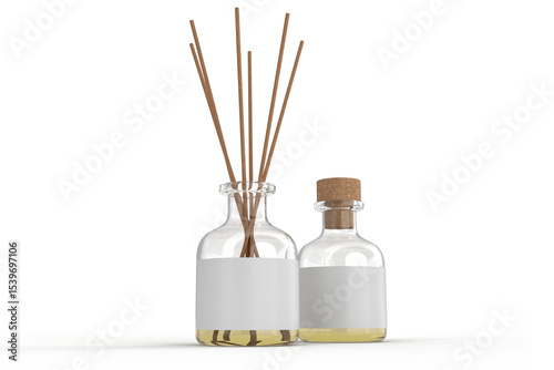 Aromatic diffuser bottle with blank label and bamboo sticks mockup container packaging isolated on background. 3D template for presentations home scent diffuser, fragrance dispenser, wellness branding