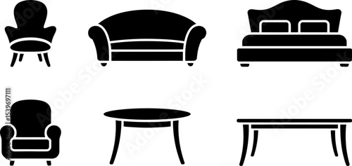 A collection of black furniture icons including chairs sofas beds and tables on a white background