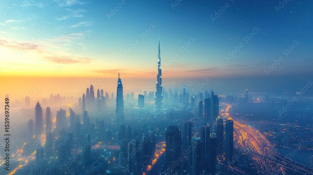 Fototapeta premium A hazy sunrise casts a soft, bluish light over a dense cityscape, a prominent skyscraper piercing the morning mist. The cityscape stretches to the horizon, illuminated by the early sunlight