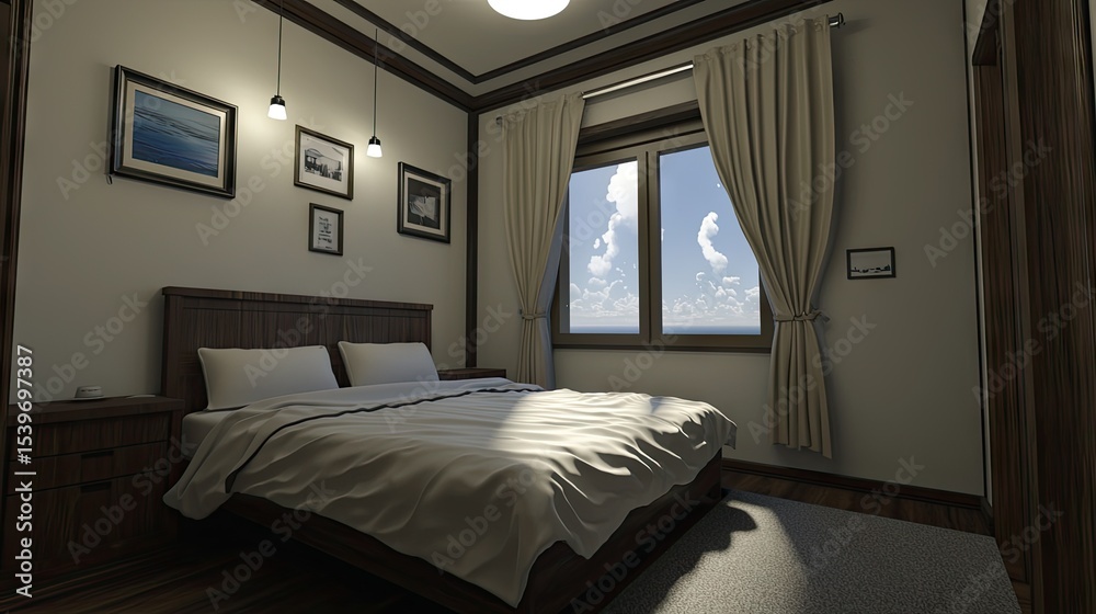 Fototapeta premium Interior bedroom scene with a view.