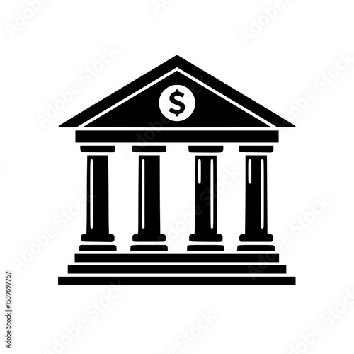 Vector illustration of a classical bank building silhouette with pillars and dollar symbol on the pediment, financial institutions and economy concept