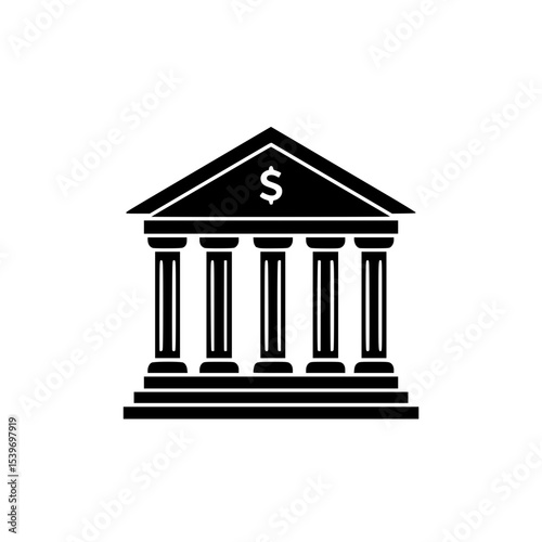 Vector illustration of a classical bank building silhouette with pillars and dollar symbol on the pediment, financial institutions and economy concept