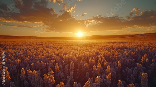 Sunset over field, golden light and warm sky
