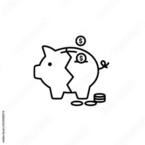 Vector illustration of a piggy bank with crack or broken half, and coins falling out - economic crisis, recession, or personal financial loss concept, simple line art outline