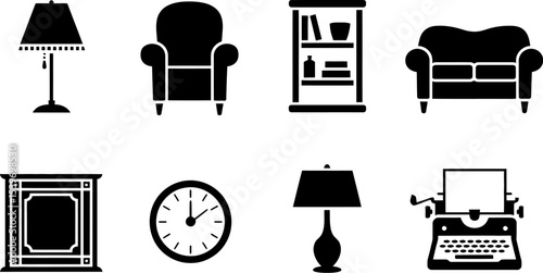 A collection of furniture icons including lamps, seating, bookcase, and a typewriter in black and white