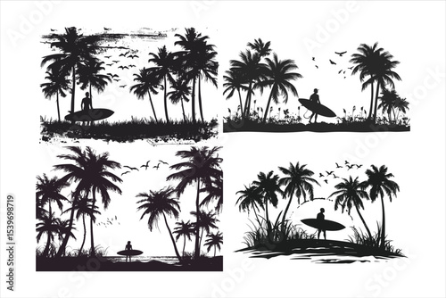 set of tropical beach icons, palm, beach, tree, tropical, vector, summer, island, sea, nature, sun, illustration, silhouette, travel, ocean, coconut, paradise, sky, landscape, sunset, sand, water, pal