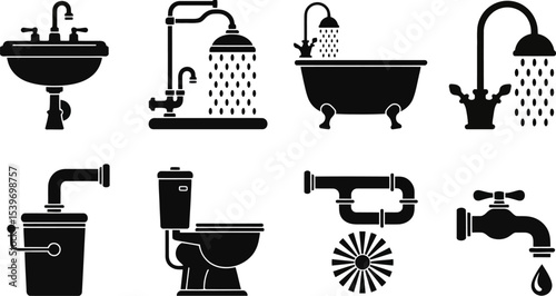 Black silhouette icons illustrating various bathroom fixtures and plumbing elements on white background