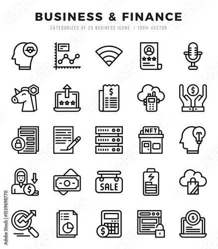 Collection of Business & Finance 25 Lineal Icons Pack.