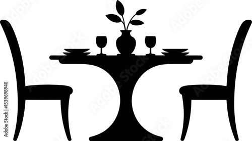 Silhouette of dining table with two chairs plates glasses and vase on a white background simple design