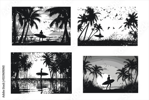 set of tropical beach icons, palm, beach, tree, tropical, vector, summer, island, sea, nature, sun, illustration, silhouette, travel, ocean, coconut, paradise, sky, landscape, sunset, sand, water, pal