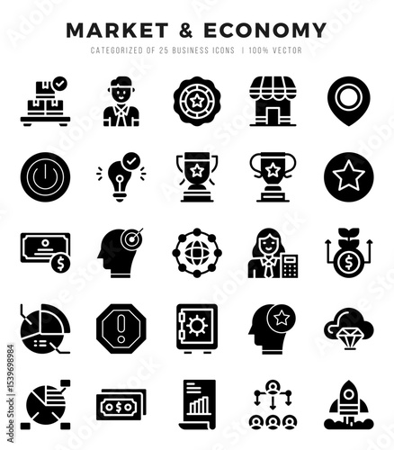 Market & Economy icons set. Collection of simple Glyph web icons.
