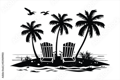 tropical island with palm trees, palm, beach, tree, sea, island, summer, tropical, vector, sun, illustration, ocean, nature, travel, landscape, silhouette, water, sunset, vacation, paradise, sky, exot