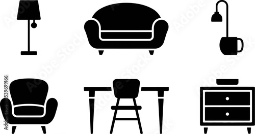 Illustration of living room furniture including lamps sofas armchairs desks and bedside tables
