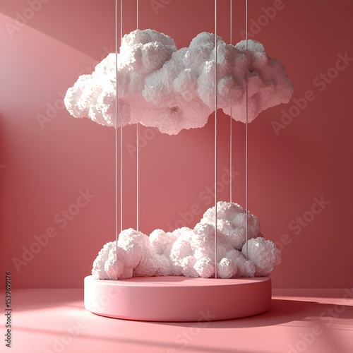 a pink room with white clouds hanging from the cei