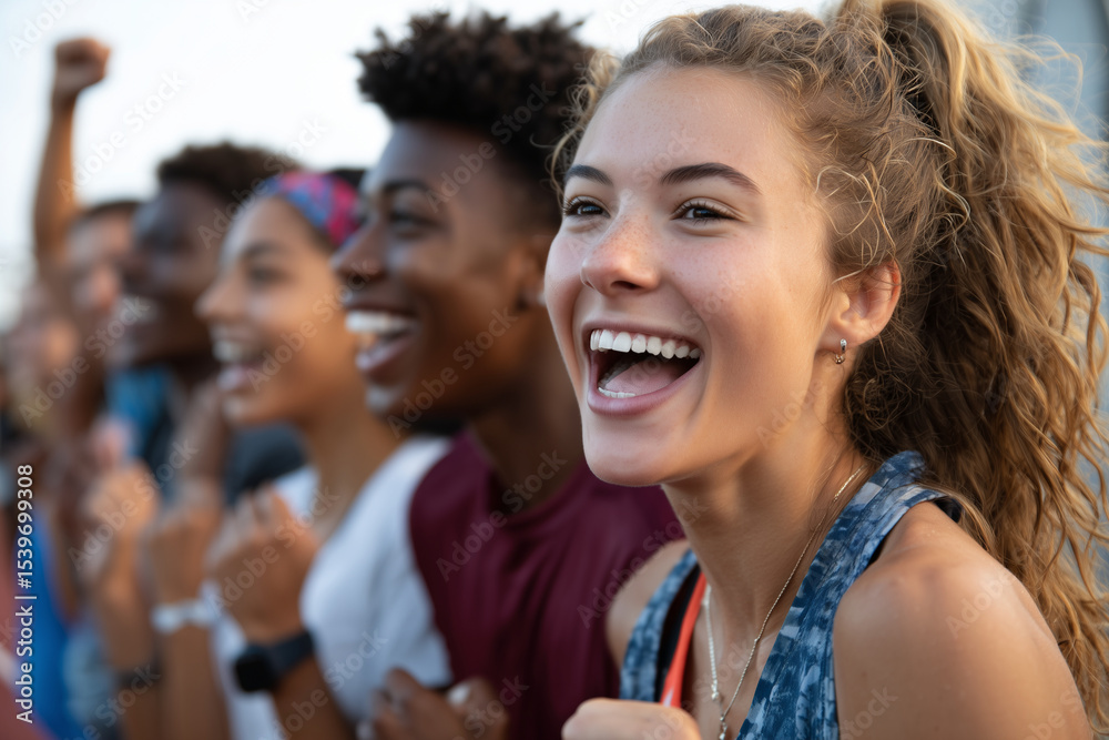 Fototapeta premium A group of teens cheer on a teammate after a run, close-up on their happy faces and raised hands, golden hour lighting,
