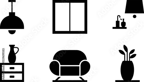A collection of interior design icons including lighting furniture and decorative objects in black and white