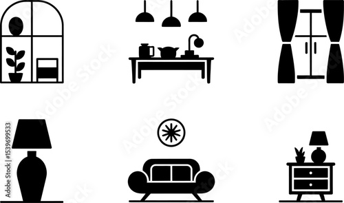Six interior design icons showing window, kitchen table, sofa, and bedside table arrangement in black