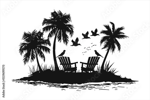 tropical island with palm trees, palm, beach, tree, sea, island, summer, tropical, vector, sun, illustration, ocean, nature, travel, landscape, silhouette, water, sunset, vacation, paradise, sky, exot