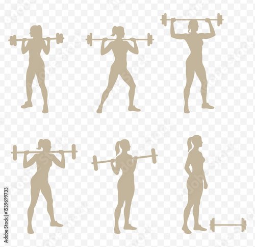 Weightlifting silhouette. Vector Set Silhouette of Women Squat Exercises Workout Isolated on Transparent Background. Eps 10.