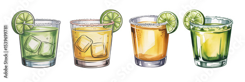 Refreshing Tequila Shots Lime Garnish Watercolor Illustration Perfect for Cocktail Menus and Bar Designs, transparent background