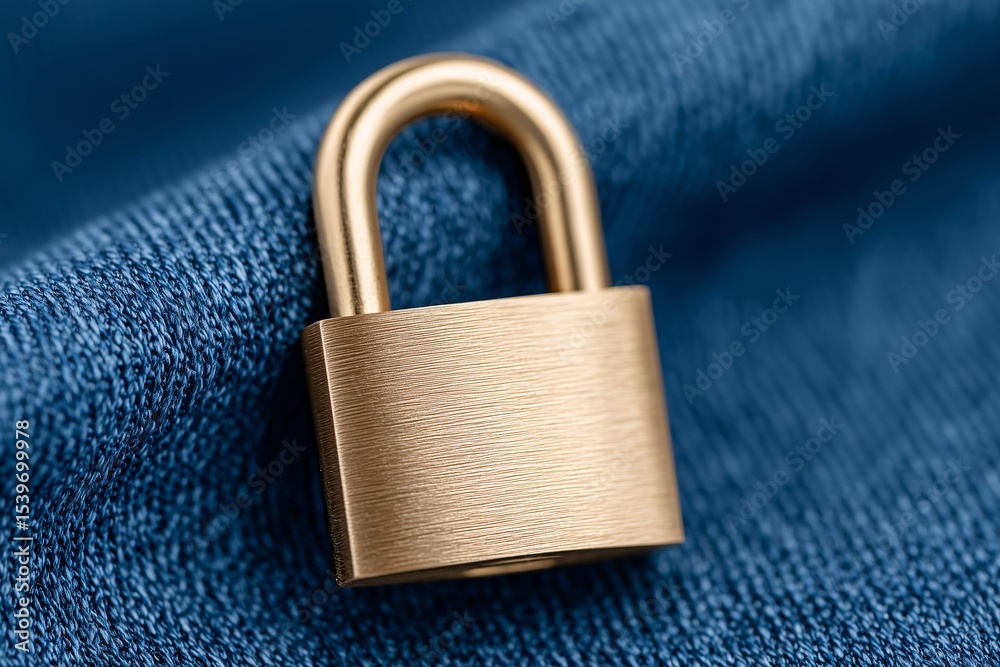 Fototapeta premium Golden padlock on blue textile surface, Metal padlock macro on cloth texture, Security concept with privacy metaphor background