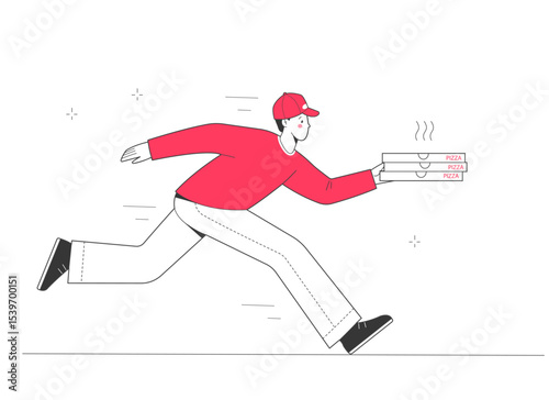 Pizza delivery. Male courier delivers hot pizza. Fast pizza delivery by courier. 